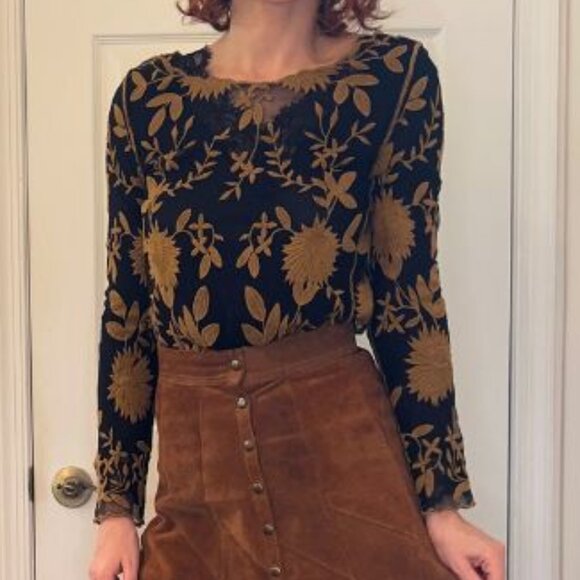 Sundance Embroidered Black and Gold Sheer Mesh Top (Size XS) - Picture 1 of 4